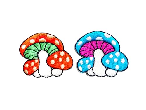 PLpatch Set mit 2 winzigen Pilzen mit Punkten, niedliches Cartoon-Magic-Pilz-Logo, 1 Aufnäher, bestickte Applikation, Abzeichen, Schild, Patch, Kleidung, Kostüm (Orange-Blau1) von Ploen Love