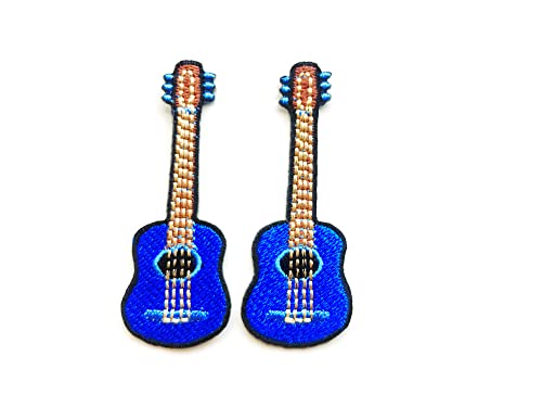 PLpatch Set von 2 winzigen Mini-Gitarre, akustisches Musikinstrument, kleines niedliches Cartoon-blaues Logo1 Aufnäher zum Aufnähen oder Aufbügeln, bestickte Applikation für Kleidung, Kostüm von Ploen Love