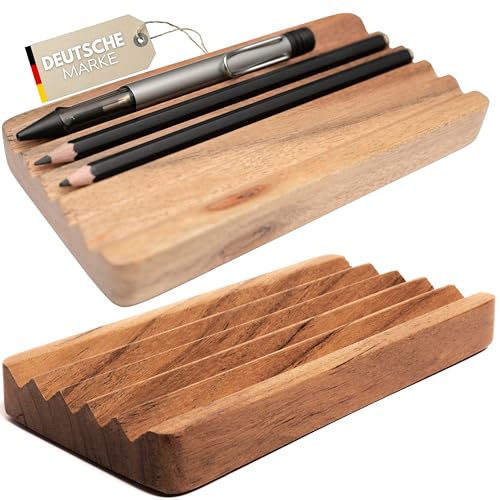 Plogis 2 Stück Stiftablage Holz aus Akazie - 2er Set 18x9cm Handgemachte Stiftschale Schreibtisch Ablage Stifte - Pinselablage Holz & Stiftablage Schreibtisch - Stifteschale Schreibtischablage Holz von Plogis