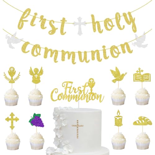 Erstkommunionsset, Banner zur Erstkommunion, Banner zur Erstkommunion, 9 Kuchenaufsätze, Kreuztauben-Cupcake-Topper, Kommunion-Dekoration für den Innen- und Außenbereich, Taufe, Partyzubehör Erstkommunionsset, Banner zur Erstkommunion, Banner zur Erstkommunion, 9 Kuchenaufsätze, Kreuztauben-Cupcake-Topper, Kommunion-Dekoration für den Innen- und Außenbereich, Taufe, Partyzubehör von Plorede