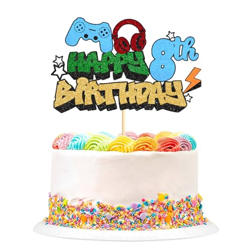 Happy Birthday Cake Topper, Glitzer-Videospiel-Kuchen-Picker, Spiel auf Controllern, Gaming-Kuchenaufsätze, perfekt für Spielthemen, Geburtstagsdekorationen, Partyzubehör (8. Geburtstag) von Plorede