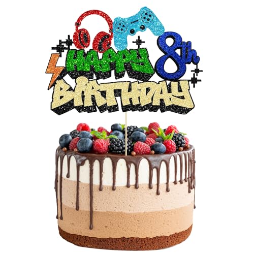 Videospiel Happy Birthday Cake Topper, Glitzer Videospiel Cake Pick Game On Controllers Gaming Cake Topper, Perfekt für Spielthema Geburtstag Dekorationen Partyzubehör (8) von Plorede