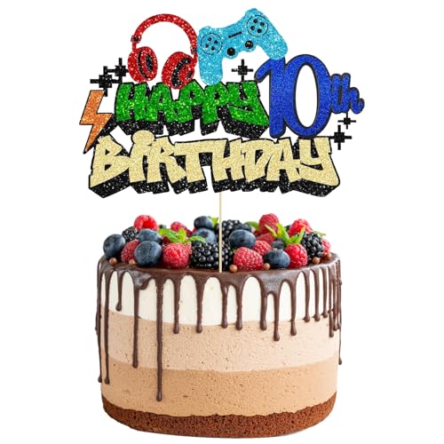 Videospiel Happy Birthday Cake Topper, Glitzer-Videospiel-Kuchenaufsatz, Spiel auf Controllern, Gaming-Kuchenaufsätze, perfekt für Spielthema, Geburtstagsdekorationen, Partyzubehör (10) von Plorede