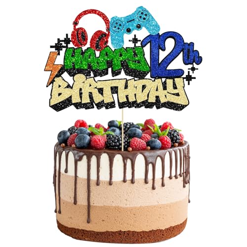 Videospiel Happy Birthday Cake Topper, Glitzer-Videospiel-Kuchenaufsatz, Spiel auf Controllern, Gaming-Kuchenaufsätze, perfekt für Spielthema, Geburtstagsdekorationen, Partyzubehör (12) von Plorede