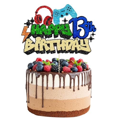 Videospiel Happy Birthday Cake Topper, Glitzer-Videospiel-Kuchenaufsatz, Spiel auf Controllern, Gaming-Kuchenaufsätze, perfekt für Spielthema, Geburtstagsdekorationen, Partyzubehör (13) von Plorede