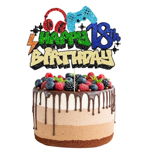 Videospiel Happy Birthday Cake Topper, Glitzer-Videospiel-Kuchenaufsatz, Spiel auf Controllern, Gaming-Kuchenaufsätze, perfekt für Spielthema, Geburtstagsdekorationen, Partyzubehör (18) von Plorede