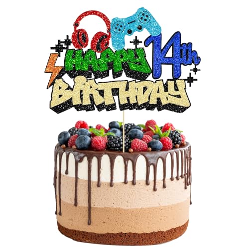 Videospiel-Kuchenaufsatz, Happy Birthday, Glitzer-Videospiel-Kuchenaufsatz, Spiel auf Controllern, Gaming-Kuchenaufsätze, perfekt für Spielthemen, Geburtstagsdekorationen, Partyzubehör (14) von Plorede