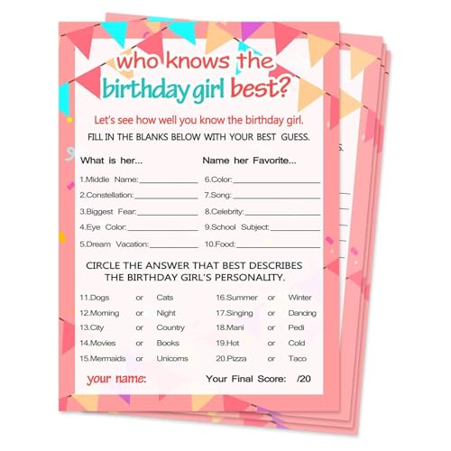 Who Knows The Birthday Girl Best, Girls Birthday Party Night Game, Birthday Game Cards for Girls Hers Women's Sleepover Supplies Decorations, Themed Party Activity and Idea, Set of 30 (Pink) von Plorede