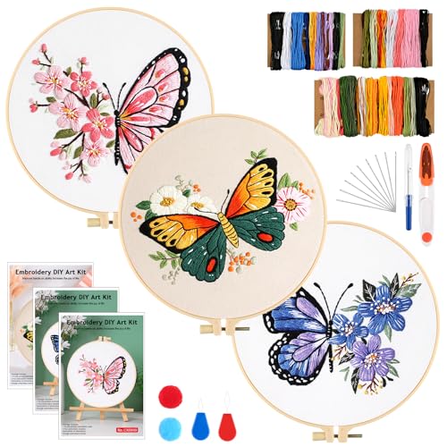PlsMupn 3 Stück Stickset für Anfänger, Schmetterling Sticken Set Erwachsene, Embroidery Kit mit 2 Stickrahmen, Farbfäden, Schere, Anleitung, Kreuzstich Stickerei Starter Set für DIY Kunst, Handwerk von PlsMupn