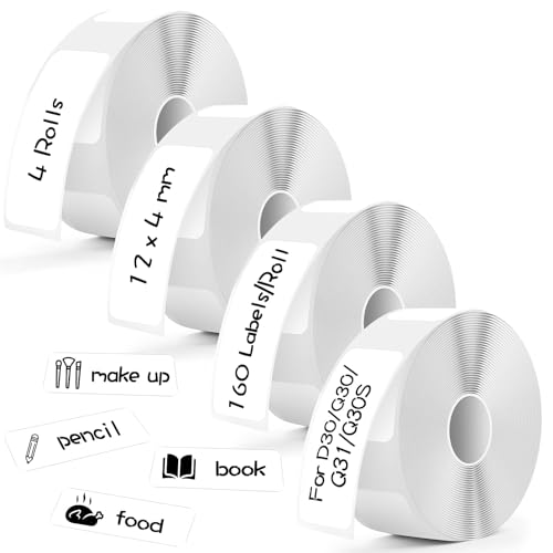 PlsMupn 4 Rollen Thermo-Etikettenband 12 x 40 mm, P15/P12/D30/Q30/Q31/Q30S Etiketten Papier, 160 Etiketten/Rolle, Wasserfeste Etikettenband-Ersatz für Haus/Büro/Schule von PlsMupn