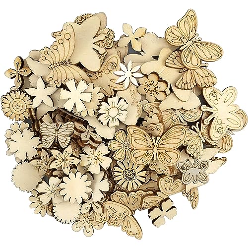 Plstod 150 Stücke Holz Schmetterlinge Kleine Holzblätter und Blumen DIY Schmetterling Holzscheiben Kleine Holzblumen Zum Basteln Handwerk Streudeko Weihnachtsdeko Scrapbooking Verzierungen von Plstod