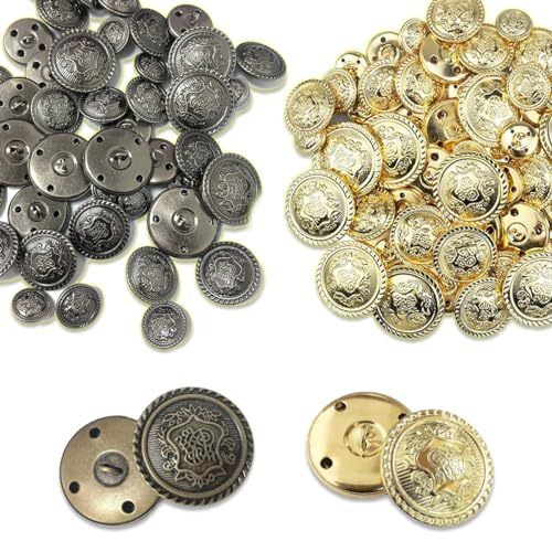 Plstod 50 Stück Metall Knöpfe Vintage Goldene Knöpfe Antike Silber Blazer Knöpfe Runde Nähknöpfe 5 Stile 15mm 18mm 21mm 25mm 28mm,für Blazer Anzüge,Uniform und Jacke von Plstod