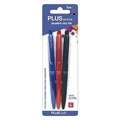 Plus Office - Plus Soft Pack mit 3 einziehbaren Kugelschreibern, ultraweiches Schreiben und Gefühl, flüssige Tinte, optimal für Büro, Zuhause und Schule, Blau, Rot, Schwarz von Plus Office