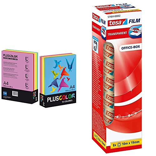 Plus Office Color 002210 – Papier, 500 Blatt, 80 g, 15 Farben, A4 & tesafilm transparent - Transparentes Klebeband mit starker Haftung - alterungsbeständig und reißfest - 10 m x 19 mm - 8er Pack Plus Office Color 002210 – Papier, 500 Blatt, 80 g, 15 Farben, A4 & tesafilm transparent - Transparentes Klebeband mit starker Haftung - alterungsbeständig und reißfest - 10 m x 19 mm - 8er Pack von Plus Office