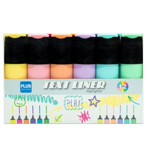 Plus Office Textmarker mit abgeschrägter Spitze, 12 Textmarker in Neon- und Pastellfarben, phosphoreszierende Marker auf Wasserbasis (Packung mit 12 Neon- und Pastellfarben) Plus Office Textmarker mit abgeschrägter Spitze, 12 Textmarker in Neon- und Pastellfarben, phosphoreszierende Marker auf Wasserbasis (Packung mit 12 Neon- und Pastellfarben) von Plus Office