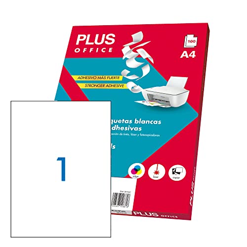 Plus Office - Selbstklebende weiße Etiketten zum Drucken, 100 Blatt Aufkleber Papier auf A4 Blatt für Inkjet-Drucker, Laser und Fotokopierer, 1 Etiketten pro Blatt (210 x 297 mm) von Plus Office