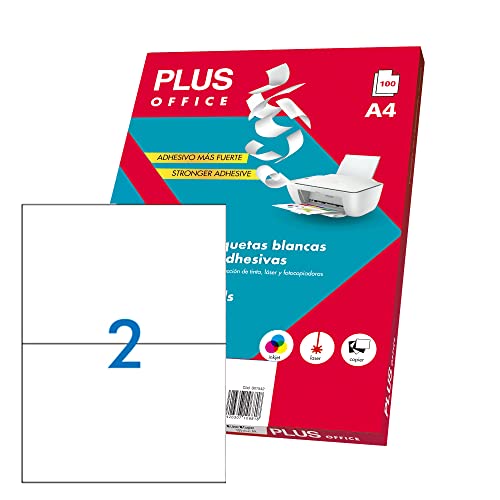 Plus Office - Selbstklebende weiße Etiketten zum Drucken, 100 Blatt Aufkleber Papier auf A4 Blatt für Inkjet-Drucker, Laser und Fotokopierer, 2 Etiketten pro Blatt (210 x 148 mm) von Plus Office