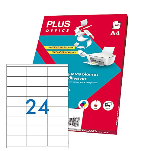Plus Office - Selbstklebende weiße Etiketten zum Drucken, 100 Blatt Aufkleber Papier auf A4 Blatt für Inkjet-Drucker, Laser und Fotokopierer, 24 Etiketten pro Blatt (70 x 35 mm) von Plus Office