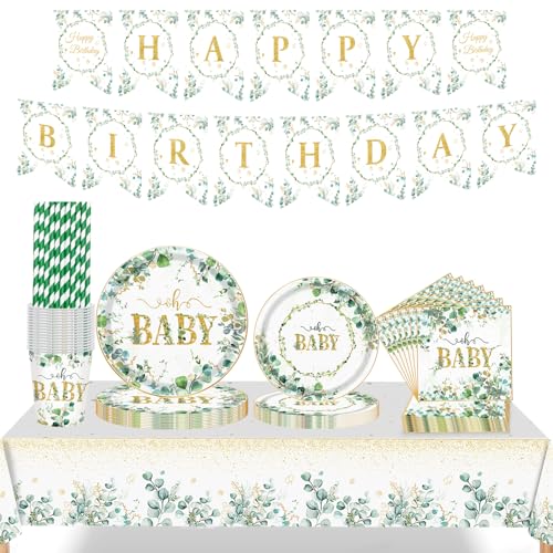 82-teiliges grünes Pappteller-Set, salbeigrün Pappteller, Servietten, Becher, Tischdecke, Banner, Strohhalme, Babyparty-Geschirr für Geburtstagsparty, Babyparty, Safari-Party-Dekorationen 82-teiliges grünes Pappteller-Set, salbeigrün Pappteller, Servietten, Becher, Tischdecke, Banner, Strohhalme, Babyparty-Geschirr für Geburtstagsparty, Babyparty, Safari-Party-Dekorationen von Plusupon