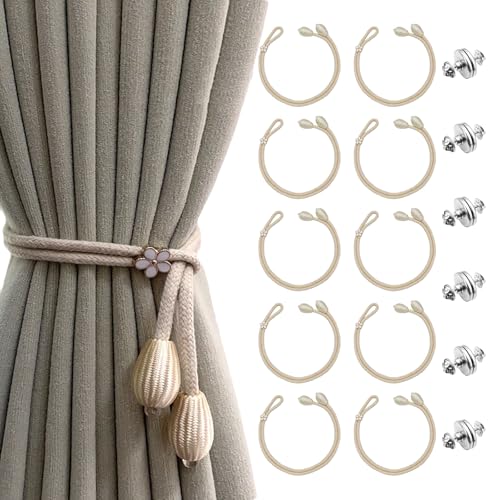 10PCS Raffhalter für Vorhänge, Vorhang Raffhalter + 6Paar Vorhang Verschluss Magnet, Gardinenhalter Verstellbare Vorhanghalter, Handgewebt Baumwolle Gardinen Raffhalter für Schlafzimmer Zuhause Büro von Pluvyze