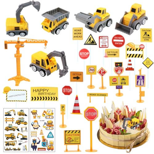 31 Pcs Mini Bagger Kuchen Deko Baustelle Bagger Tortendeko Minibagger Tortendeko Baustelle Tortendekoration für Kindergeburtstage, Geeignet für 2, 3, 4, 5 Jahre Alte Kinder von Pluvyze