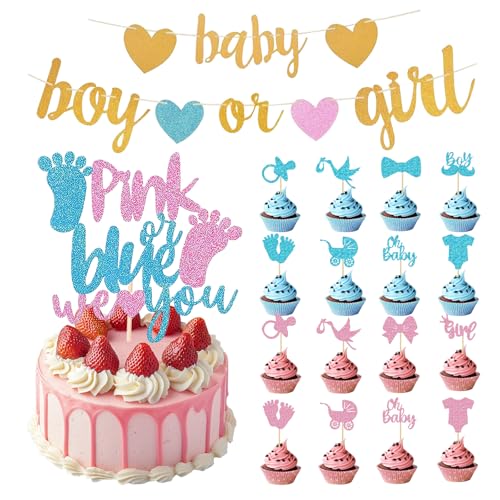 50 Stück Gender Reveal Party Deko Glitzer Boy or Girl Cupcake Toppers Bow Baby Tortendeko mit 1 Banner und 1 großes Schild Kuchendeko für Jungen Mädchen Baby Shower Geburtstag (Blau Rosa) von Pluvyze