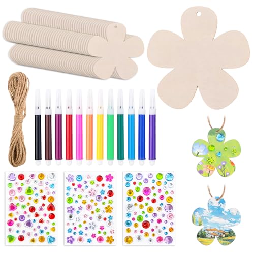 59 Stück Holzblumen zum Bemalen Holzanhänger zum Bemalen mit Löchern zum Aufhängen von Dekorationen für DIY Handwerk,Heimdekoration,Wird mit Aufhängeseil,Aquarellstift und Edelsteinaufklebern von Pluvyze