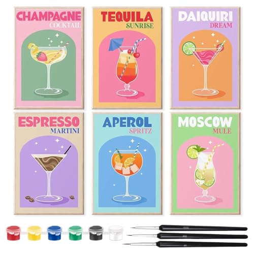 Pluvyze 6 Stück Malen Nach Zahlen Weingläser Cocktail,Retro-Cocktail-Thema,mit 6 3-Ml-Acrylfarben und 3 Schwarzen Ölmalstiften,Ein Kreatives Geschenk für Freunde (21 * 30cm) von Pluvyze