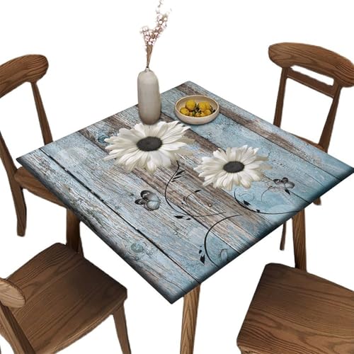Plxthrk Quadratische Tischdecken mit elastischem Rand, Blaugrün und Weiß, Gänseblümchen, Polyester-Tischdecke, für drinnen und draußen, Küche, Zuhause, Party, Abendessen, Terrasse, passend für 91,4 x von Plxthrk