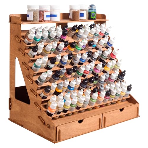 Plydolex Farb-Organizer für 105 Farbflaschen und 14 Pinsel - Farbhalter mit 6 Miniaturständern - Farb- und Pinselaufbewahrung für Miniaturfarben von Plydolex