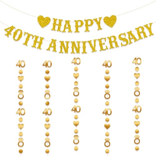 Dekorationen zum 40. Hochzeitstag, goldenes Glitzer-Happy 40th Anniversary Banner mit 40 Diamant-Herzgirlande, Just Married 40 Years Ago, We Still Do 40th, 40 Years Blessed & Loved Party Dekorationen von Plzaxou
