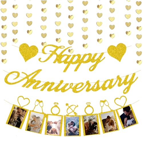 Happy Anniversary Party Dekorationen, Gold Glitter Happy Anniversary Banner und Foto Banner mit Herz Girlande Banner für Hochzeit Party Dekorationen Happy Anniversary Party Dekorationen, Gold Glitter Happy Anniversary Banner und Foto Banner mit Herz Girlande Banner für Hochzeit Party Dekorationen von Plzaxou
