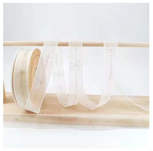 20 Yards × 25mm Beige Transparent Organzaband Geschenkband mit Gold “JUST FOU YOU”“LOVE”Herz Sterne Blumen Schleifen Muster Schleifenband Dekoband für Hochzeiten Partys Strauß DekorationSchleifen von Pmnzdy