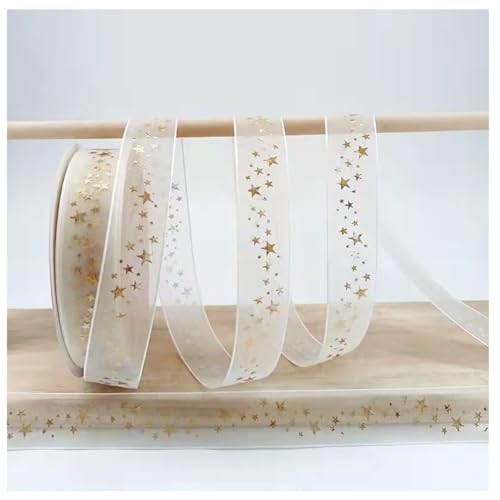 20 Yards × 25mm Beige Transparent Organzaband Geschenkband mit Gold “JUST FOU YOU”“LOVE”Herz Sterne Blumen Schleifen Muster Schleifenband Dekoband für Hochzeiten Partys Strauß DekorationSterne von Pmnzdy