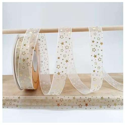 20 Yards × 25mm Beige Transparent Organzaband Geschenkband mit Gold “JUST FOU YOU”“LOVE”Herz Sterne Blumen Schleifen Muster Schleifenband Dekoband für Hochzeiten Partys Strauß DekorationSterne1# von Pmnzdy