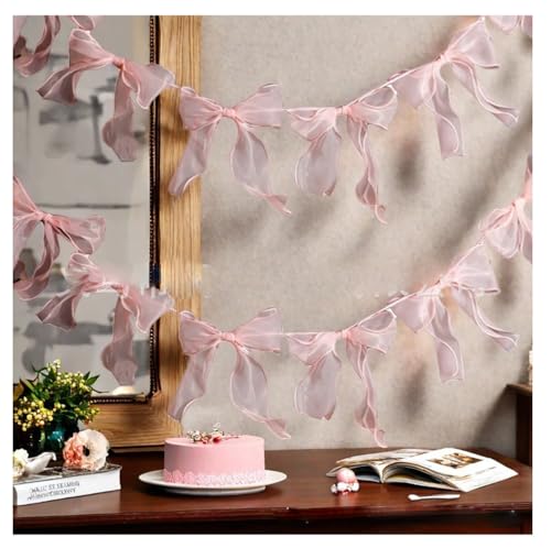 Pmnzdy 12 pcs/Set Organza Schleifengirlande Transparent Tull Schleife Bögen Dekoration Banner Girlande Geburtstag Schleife Girlande Brautdusche Hochzeit Home Deco Banner Satinband Schleifebanner Rosa von Pmnzdy