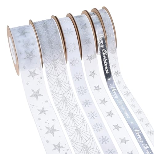Pmnzdy 8 Rollen/set Weihnachtenband Weihnachten Dekoration Bänder Stoffband Geschenkband Dekoband Zierband mit Schneeflocken,Merry Christmas, Sterne, Weihnachtsbaum Muster Bastelband von Pmnzdy