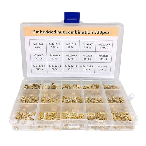 Pmueuff 330 Stück Gewindeeinsätze für 3D Druck, Messing Einpressmuttern M2 M3 M4 M5 M6, Gewindeeinsatz 3D Druck Schmelzgewinde Set mit Einschmelzhilfe und Sortierbox für Kunststoffteile von Pmueuff