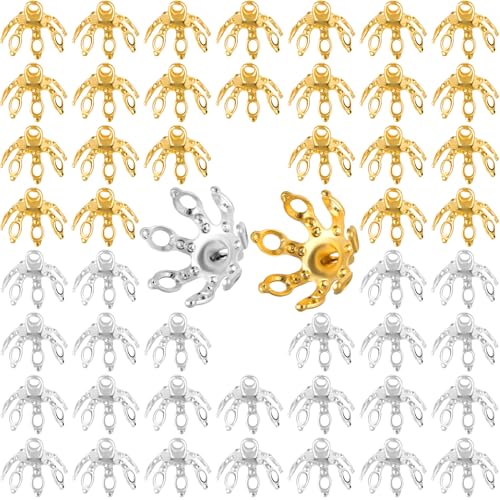 Pndeyo 50 Stück Blumen-Perlenkappen für Schmuckherstellung, hypoallergene Endkappen aus Legierung, Endkappen für Ohrringe, Armbänder, Fußkettchen, Anhänger, Ringe, DIY, Handwerk, Gold und Silber von Pndeyo