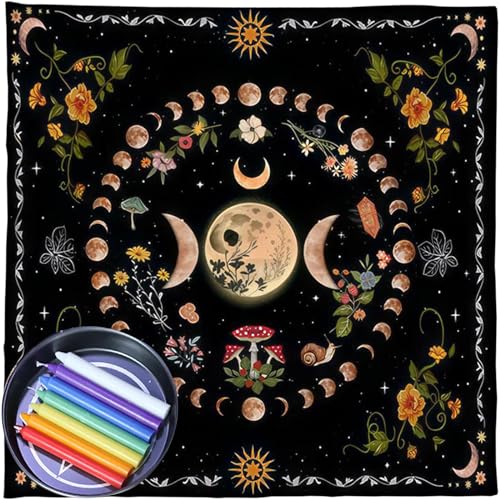 Pnuokn Divinations Tischdecke, Mondphasen, Blumen, Astrologie, Tarotkarten, Rund, Schwarz, Flanell, Spirituelle Decktuch, 75x75cm Pnuokn Divinations Tischdecke, Mondphasen, Blumen, Astrologie, Tarotkarten, Rund, Schwarz, Flanell, Spirituelle Decktuch, 75x75cm von Pnuokn