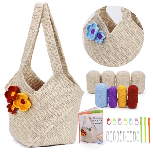 Pnytty Häkeltasche Kit für Anfänger Komplettes Starterset mit Garn, Haken & Schritt für Schritt Video Tutorials DIY Umhängetasche Basteln Geschenk für Erwachsene (Beige) von Pnytty
