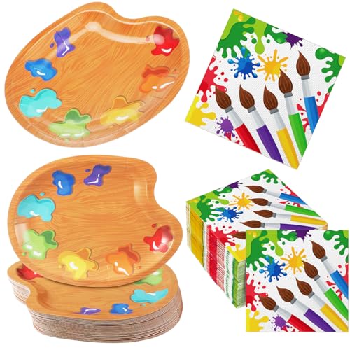 Poen 100 Stück Kunst Party Supplies Malerei Party Geschirr Farbe Party Dekorationen Farbe Pappteller und Künstler Pinsel Servietten zum Malen Thema Geburtstag Party Tischgeschenke von Poen