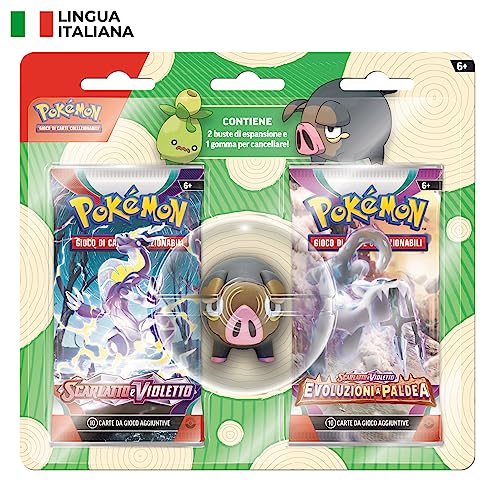 Pokémon TCG - Lechonk Radiergummi (ein Pokémon-Radierer und zwei Erweiterungspackungen) in italienischer Ausgabe von Pokémon
