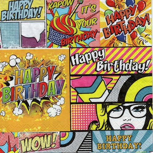 20 Servietten Cartoon Style Happy Birthday |Kindergeburtstag | Retro | 90''s | 80''s | Jungen und Mädchen | basteln | Decoupage | Serviettentechnik | Tischdeko 33x33cm von Pol Mak