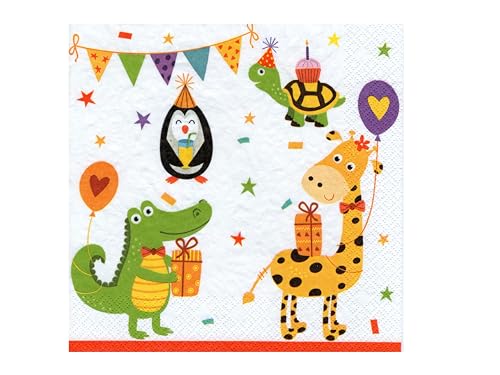 20 Servietten Lustige Tiere mit Ballons, Fuchs, Hase, REH, Kinder, Giraffe, Dinos, Geburtstage, Kinderparty Tischdeko - Bunte Papierservietten 33x33cm von Pol Mak