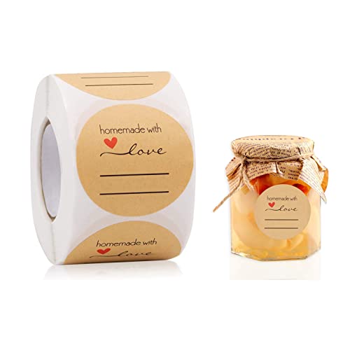 Packung mit 500 Kraftpapieraufklebern, Selbstklebende, runde Marmeladenetiketten mit Liebesmuster, beschreibbare, selbstgemachte Aufkleber für Küche, Geschenktüten, Hochzeit, Geschenktüten Dekoration von Polartreehome
