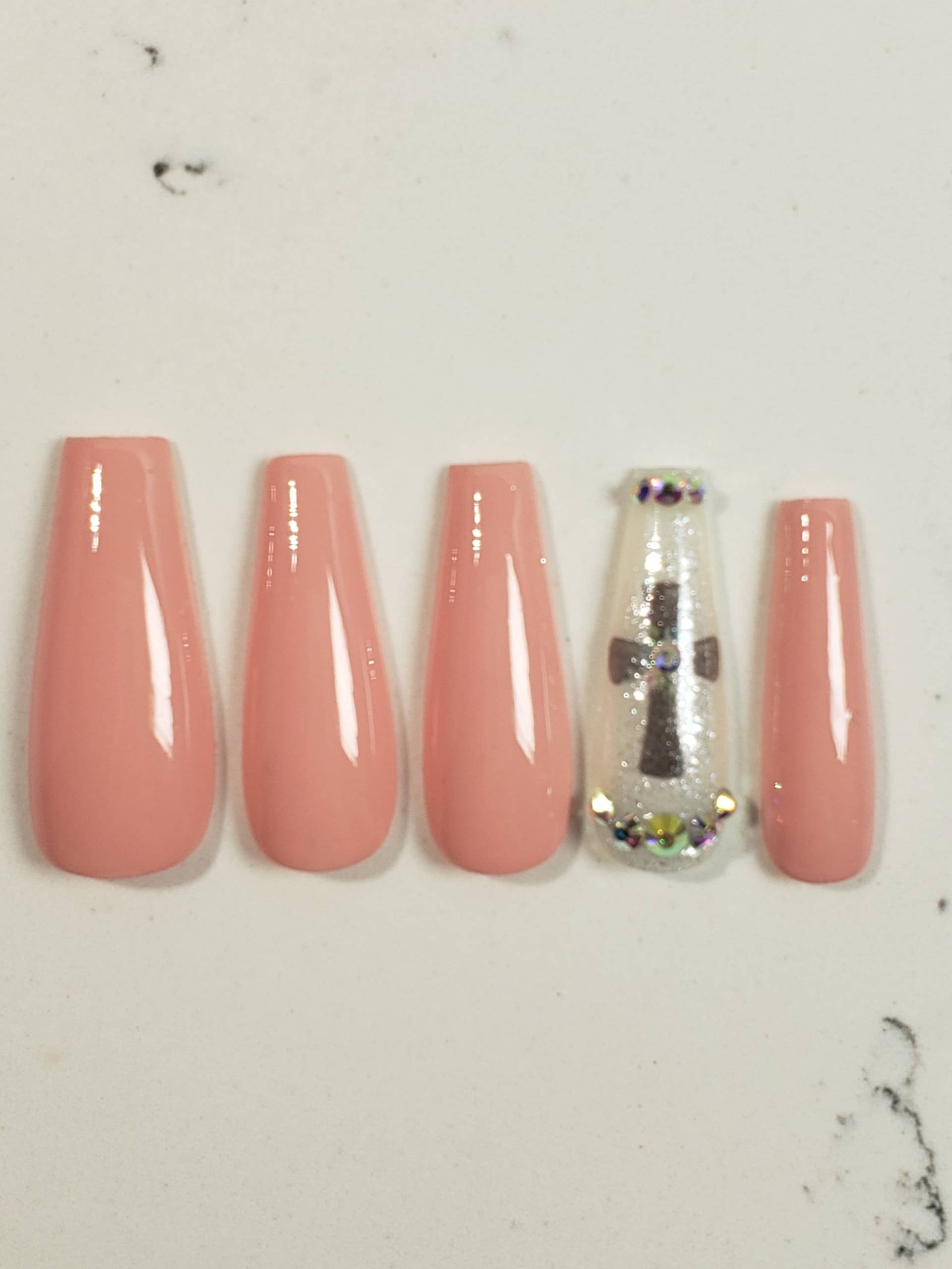 Peachy Pink Kreuz Bling Custom Gel Press On Nails 10stk Religiöse Ostern von PolishedPressed