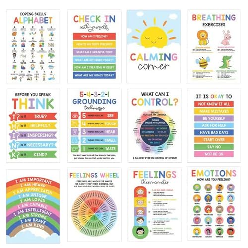 12 Stück Calming Corner Poster, Gefühle Raddiagramm Emotionen Poster, psychische Gesundheit, visuelle Diagramme, Emotionen und Achtsamkeit Wandkunst, Verhaltensposter für Kleinkinder, Vorschule von Poludatly