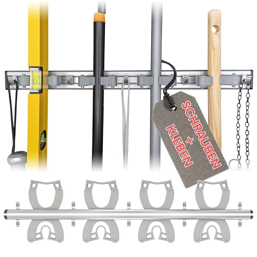 Poly Solution® Besenhalter & Gerätehalter Wand mit 4 Halterungen & 5 Haken (Kleben oder Bohren) - Universal Gerätehalterung für Besenstiel, Gartengeräte, Werkzeug - Besenhalterung für Abstellraum Poly Solution® Besenhalter & Gerätehalter Wand mit 4 Halterungen & 5 Haken (Kleben oder Bohren) - Universal Gerätehalterung für Besenstiel, Gartengeräte, Werkzeug - Besenhalterung für Abstellraum von Poly Solution