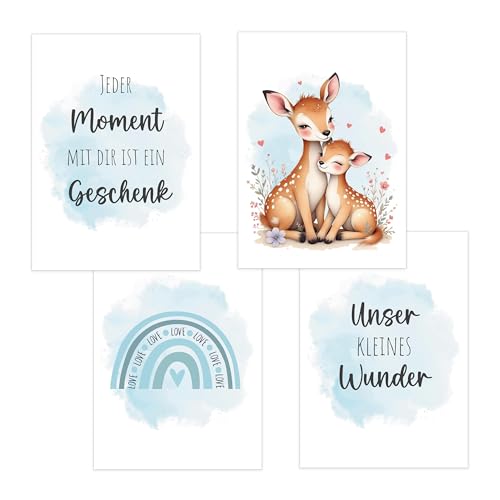 4er Set Baby DIN A3 Bilder mit Reh, Regenbogen und Sprüchen, Poster mit Tiermotiv für Babyzimmer, 200g/m² Papier, Kinderzimmer Wanddeko, für Bilderrahmen, Dekoration für Jungen & Mädchen, hellblau 4er Set Baby DIN A3 Bilder mit Reh, Regenbogen und Sprüchen, Poster mit Tiermotiv für Babyzimmer, 200g/m² Papier, Kinderzimmer Wanddeko, für Bilderrahmen, Dekoration für Jungen & Mädchen, hellblau von Polymedia